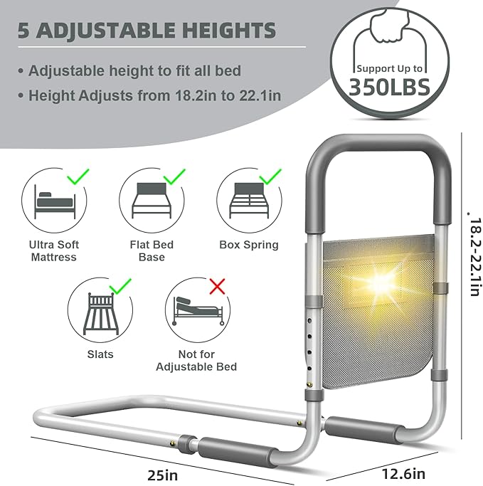 Bed Rails for Elderly Adults Safety: with Motion Light & Storage Bag - Adjustable Bed Assist Rail for Seniors - Bedside Rail Handle Support Bar Bed Guard Rails Fits King Queen Full Twin Medium