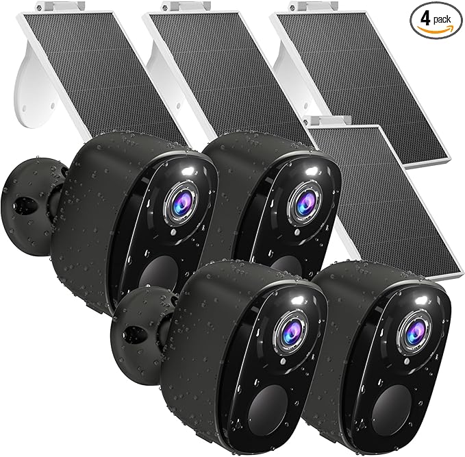 Rraycom Security Cameras Wireless Outdoor: 4PC Cameras for Home Security with Solar Panel Battery Powered WiFi Solar Cameras with Color Night Vision, AI Motion Detection, Waterproof, Works Alexa