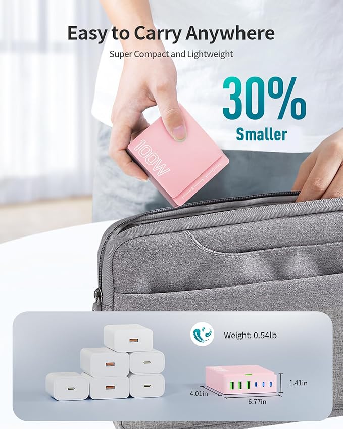 USB C Charger Block Charging Station: 100W 6 Port GaN Fast Charging Brick Hub Cube Box - PD 3.0 Type C & USB A Wall Charger Power Adapter for All iPhone 17 iPad Samsung Android Pixel Series