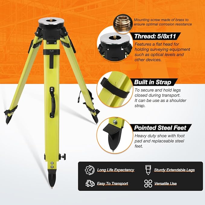 Fiberglass Surveying Tripod, Heavy Duty Green Fiberglass and Wood Tripod with Dual Clamp and Copper Center Screw for Robotic Total Stations and Theodolite (Round Head-A)