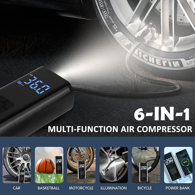 Kairiyard Tire Inflator Portable Air Compressor, 150 PSI Rechargeable Auto Air Pump for Car Tires 12V DC Electric Cordless Tire Pump with Digital Pressure Gauge for Car Motorcycle Bike Ball