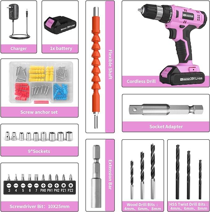 Cordless Drill Set, 20V Electric Power Drill With Battery And Charger, 30N Torque, 21+1 Settings, 3/8-Inch Keyless Chuck, Driver Bits Kit, LED Light (Pink)