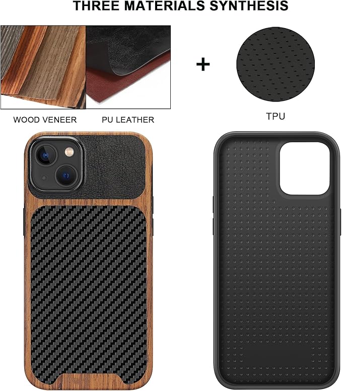 TENDLIN Compatible with iPhone 15 Plus Case Wood Grain with Carbon Fiber Texture Design Leather Hybrid Slim Case (Black)