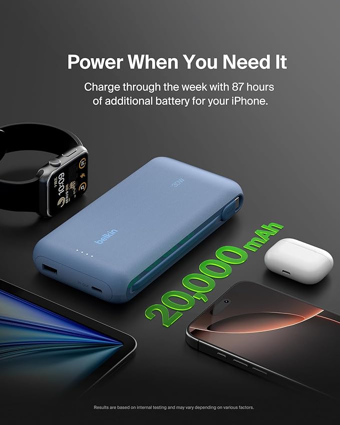 Belkin Portable Charger, Power Bank with Integrated Cable 20000 mAh 30W - Fast Charging USB C Power Delivery, iPhone Charger - iPhone 16 Series, iPad Pro, Galaxy S25 Series, & More - Blue