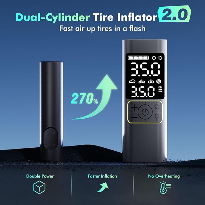 Tire Inflator Portable Air Compressor, Upgraded 2.0 Dual-Cylinder, 150PSI & 1-Min Fast Inflation, Auto Shutoff, LED Dual Displays, Cordless Pump for Cars, Trucks, Motorcycles, Bicycles, and More
