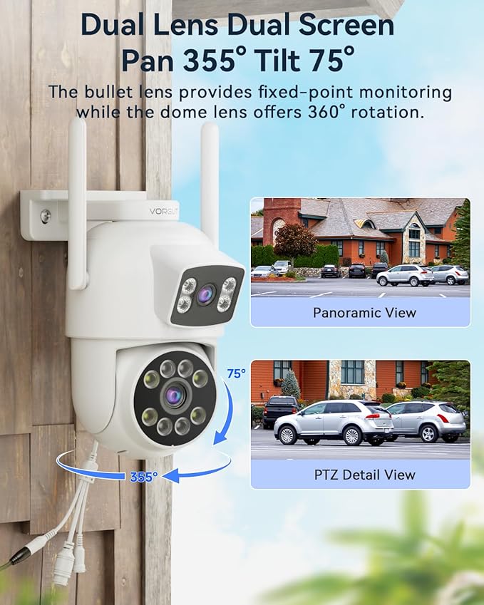 Security Camera Outdoor Wireless, Dual Lens 2K (3MP+3MP) 355° PTZ Home Security WiFi Camera Outside Surveillance Indoor, 2.4G WiFi, PIR Human Detection, Auto Tracking, Color Night Vision, White