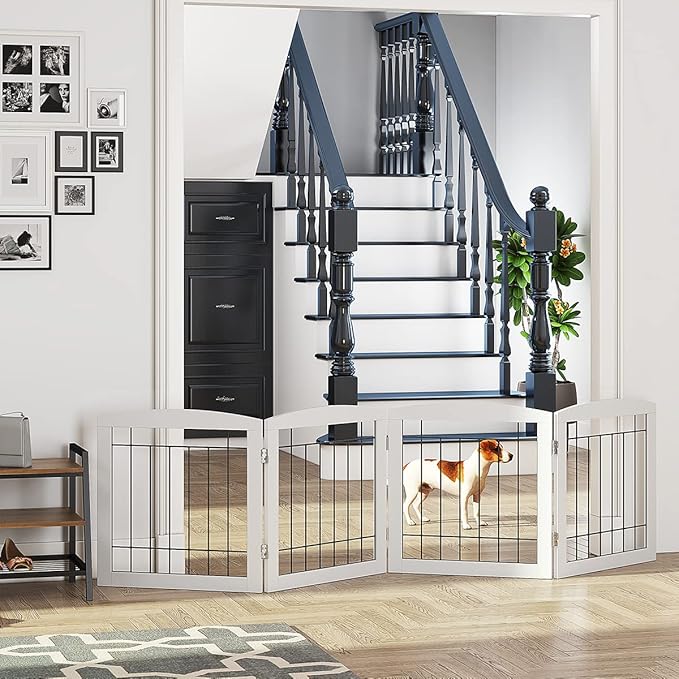 PAWLAND Dog Gate for The Doorways House Stairs Foldable Freestanding Indoor Pet Gate for Dogs Wooden Puppy Safety Fence 80" Wide 24" Height 4 Panels White
