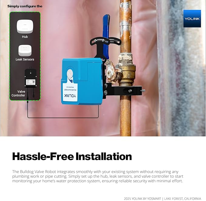 YoLink Smart Water Leak Protection System Kit: Bulldog Valve Robot, Smart Valve Controller 2, 3 Water Leak Sensors, Hub