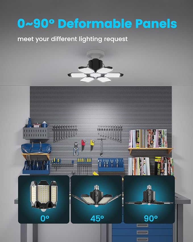 Garage Lights with Motion Sensor, 20000LM Motion Sensor Light Bulb Indoor with 6 Deformable and Auto-Off, E26 Screw-in 6500K Motion Activated Shop Light for Ceiling/Basement 4-Pack