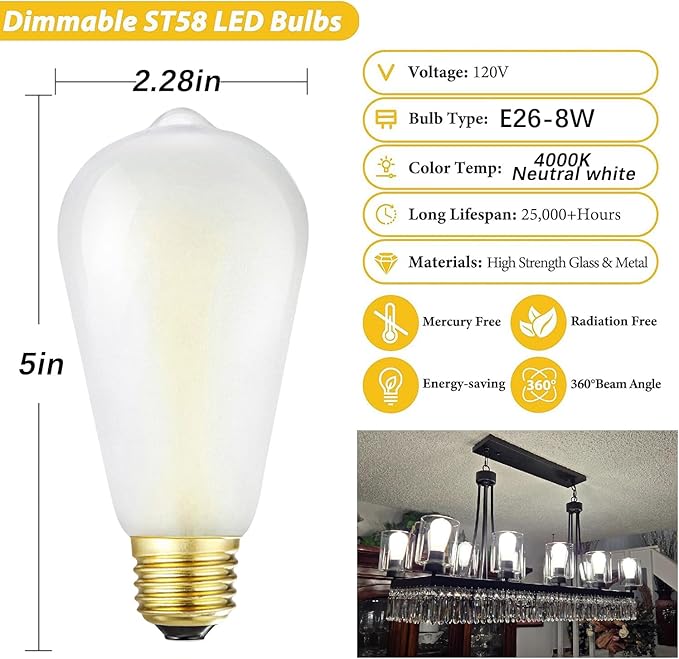 E26 Frosted LED Edison Bulbs, 8W, Equivalent 75W, Neutral White 4000K,850LM,AC120V,Dimmable ST58 Frosted Vintage Bulbs with 90+ CRI, Pack of 6