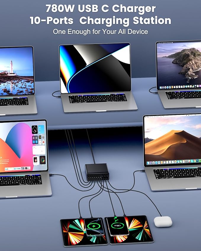USB C Charger Block, 780W 10 Port Charging Station USB Charger Block Double 120W Gan Laptop Fast Charging Compatible with MacBook Air/Pro, iPhone, iPad, Dell XPS, Samsung Galaxy Note