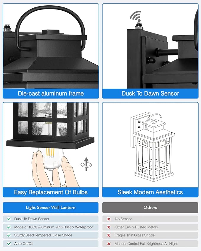 Outdoor Wall Lights Wall Mount, Dusk to Dawn Outdoor Lighting with Tempered Sleed Glass, Anti-Rust Black Outdoor Light Fixture, Modern Outside Porch Lights for House, Patio Exterior Wall Sconce