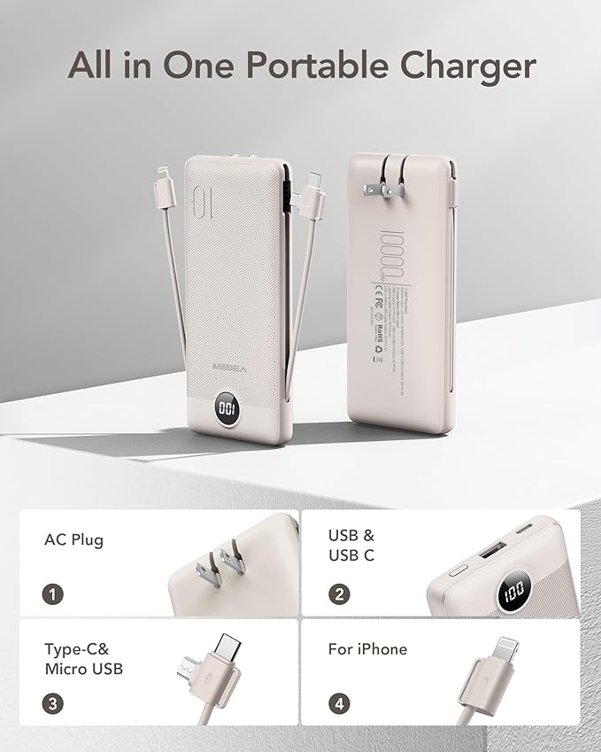VEGER Portable Charger for iPhone with Built in Cables and Wall Plug, 10000mah Slim Fast Charging USB C Power Bank, Travel Essential Battery Pack Compatible with iPhone, iPad, Samsung etc(Coffee)