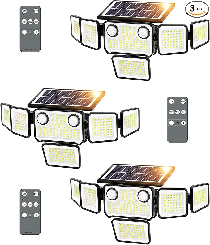 6000LM Solar Lights Outdoor Waterproof, 6 Heads Solar Flood Lights Outdoor with 2 Motion Sensor, 310 LED Motion Light with Remote Control for Yard Outside House Patio 3 Pack