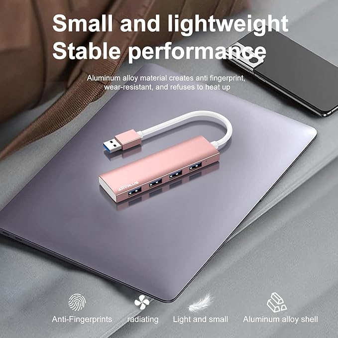 USB Hub, USB 3.0 Hub Aluminum Alloy Ultra Slim USB Splitter, Portable 4 Port USB Extender, USB Hub for Laptop, PC, MacBook, iMac, Surface Pro, Mac Pro, Flash Drive, XPS 【Pink】