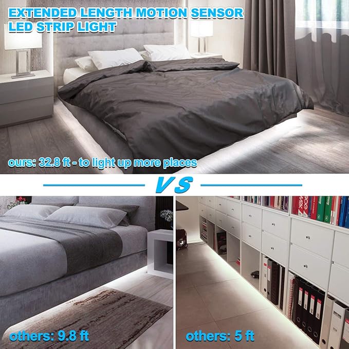 MY BEAUTY LIGHT Motion Activated LED Strip Lights, 32.8ft LED Light Strip with Day or Night 2 Lighting Modes,3 Timing Off Modes,Bright White 12v Plug-in LED Rope Lights for Bedroom,Kitchen,Stair,Room