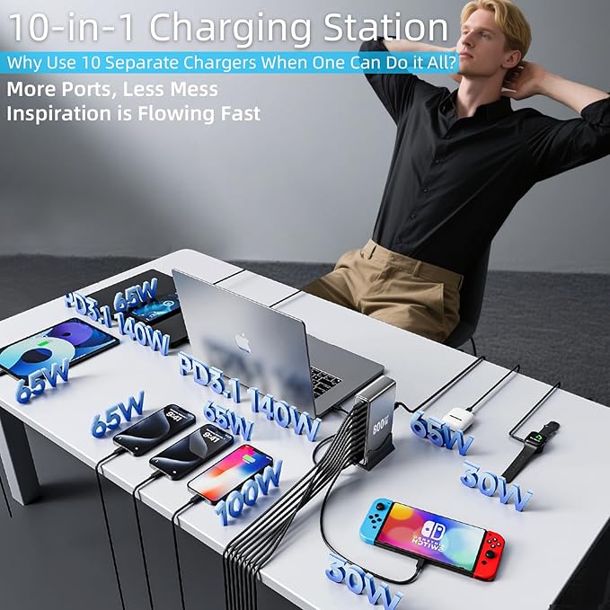 800W USB C Fast Charger Block,Dual PD 3.1 140W USB Charging Station, GaN Ⅲ Pro 10 Port PD PPS Fast Charging Station for Multiple Devices,Laptop Wall Charger Compatible with MacBook iPad iPhone 17 etc