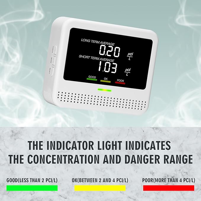 Digital Radon Detector - User-Friendly Desktop Device with HD LCD Display, 2-3 Years of Battery Life on 6-Hour Charge, 10-Year Sensor Lifespan, Perfect for Accurate Home and Office pCi/L Reading