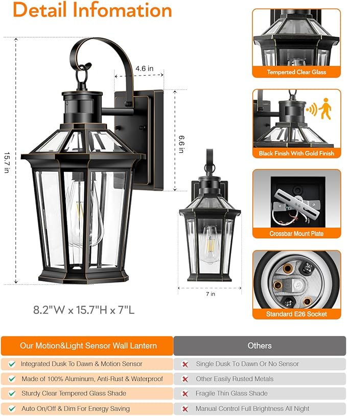 VIANIS Motion Sensor Outdoor Wall Lantern, Dusk to Dawn Outdoor Porch Light, 100% Anti-Rust Aluminum Waterproof Exterior Light Fixture, Modern Outside Wall Sconce Coach Lantern for Garage House