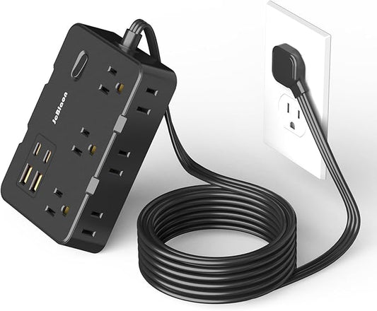 Flat Plug Power Strip Surge Protector, 5ft Ultra Thin Extension Cord with 4 USB Wall Charger(2 USB C Port), 6 Widely-Spaced Outlets Power Strip Compact for Travel, Office, Dorm Room Essentials (Black)