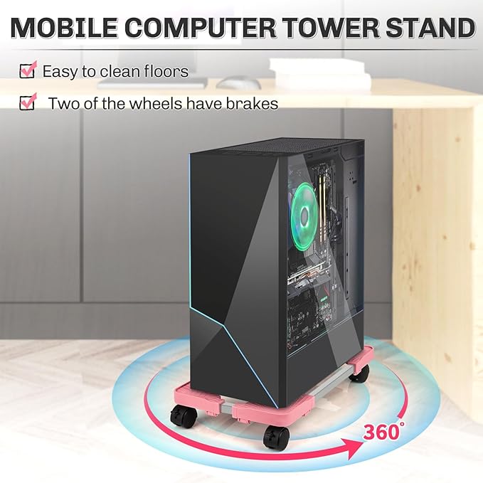 Liitrton Mobile CPU Tower Stand with Ventilation, 4 Locking Casters, Multiple Colors, Fits Most Under Desk Stands for Office Gamers (Pink)