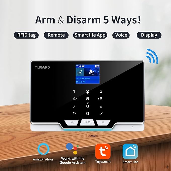 Alarm Security with Phone APP Alert,1.8" TFT Colorful Screen Smart Home Security System 12Pieces Kits,Monitor Sensor,Remote Controls,Compatible with Alexa and Assistant for Home Apartment Villa,Black