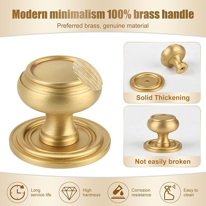 5 Pack Brushed Gold Solid Brass Kitchen Cabinet Knobs, Drawer Pulls, 1.18 Inch 30mm Diameter, Modern Furniture Handles for Cupboard Wardrobe(Antique)