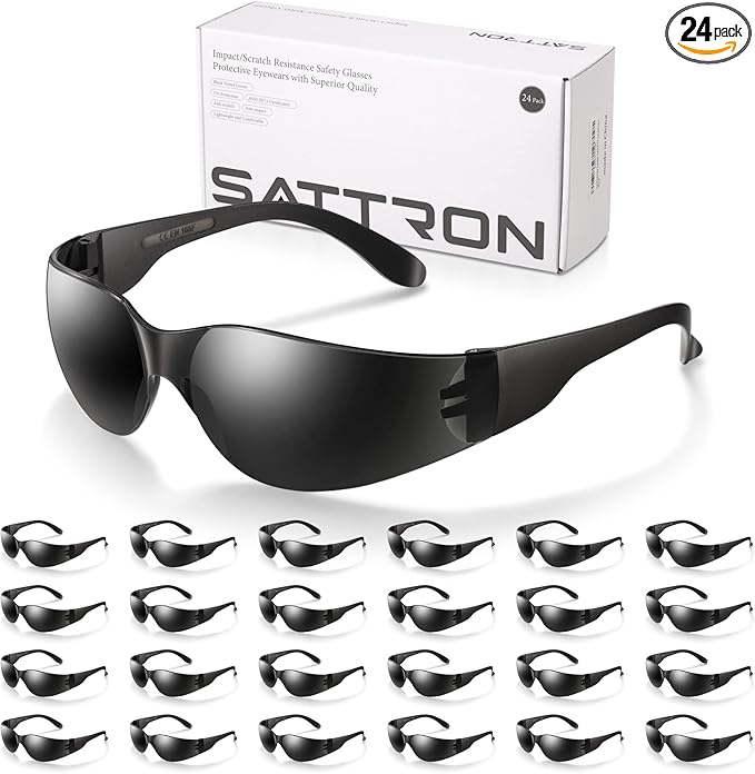 24 Pack of Tinted Safety Glasses (Protective Safety Sunglasses) Ploycarbonate Dark Smoke Lenses for UV Protection, Scratch & Impact Resistant, Perfect for Construction, Outdoor Work, Shooting and More