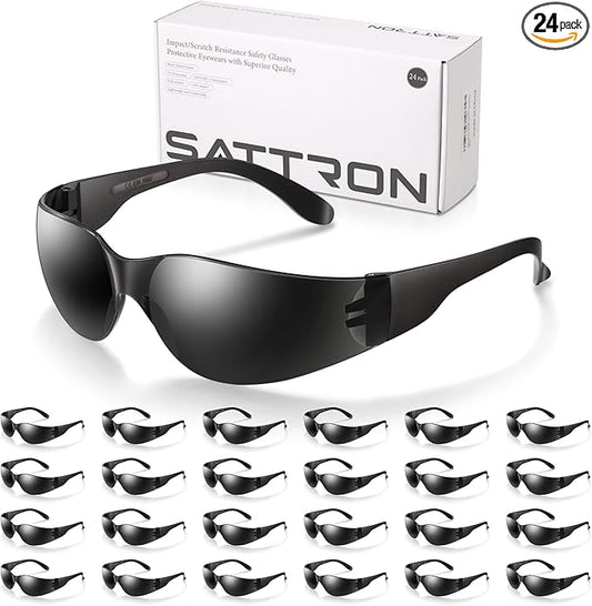 24 Pack of Tinted Safety Glasses (Protective Safety Sunglasses) Ploycarbonate Dark Smoke Lenses for UV Protection, Scratch & Impact Resistant, Perfect for Construction, Outdoor Work, Shooting and More