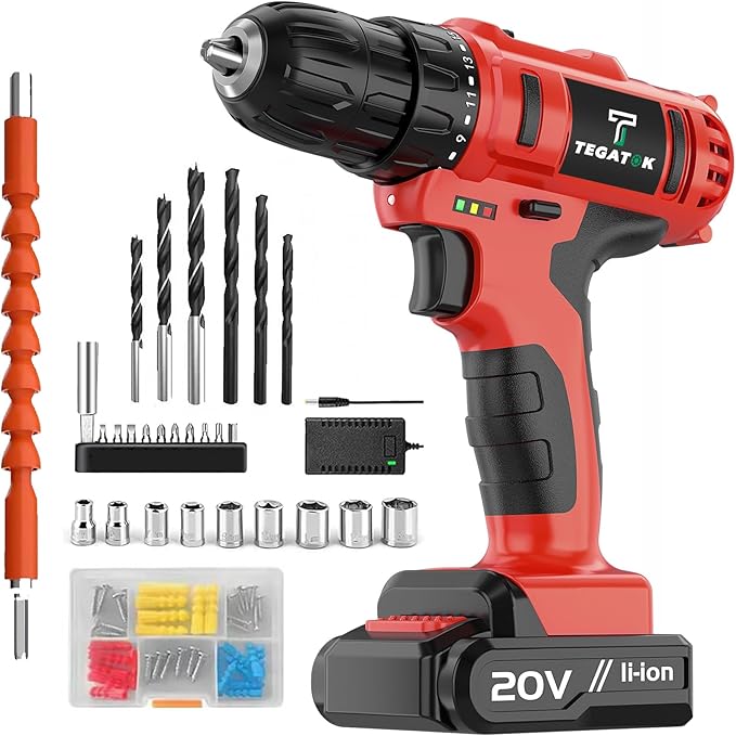 Cordless Drill Set, 3/8 Drill Handheld Screwdriver Kit with 18+1 Torque Setting, 20V Electric Drills Tools Bit, LED Electric Power Drills with Battery and Charger, Red