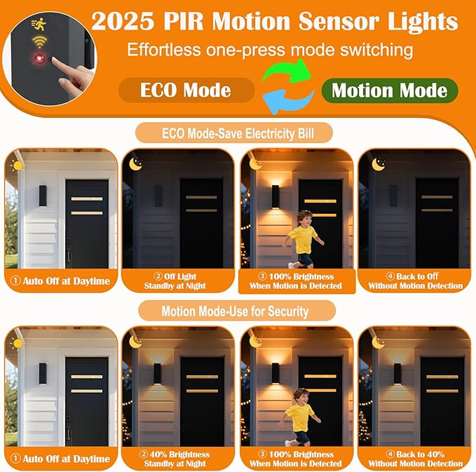 wowlite Motion Sensor Outdoor Wall Lights, Dusk to Dawn Outdoor Lighting with E26 Bulbs Included, 3 Lighting Modes Black Exterior Lighting Fixtures, Aluminum Outside Lights for House Porch Yard 2 Pack