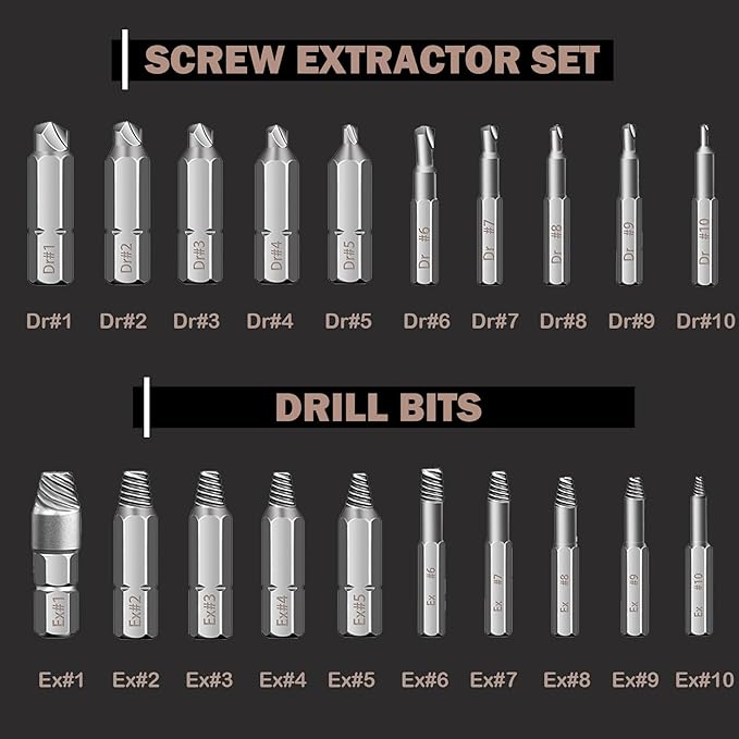 REXBETI 41-Piece Impact Bolt Extractor Screw Extractor Set and Stripped Screw Remover, Case with 16-Piece Bolt Extractor, 10-Piece HSS Drill Bit, 10-Piece Spiral Screw Extractor and 4 Piece Adapter