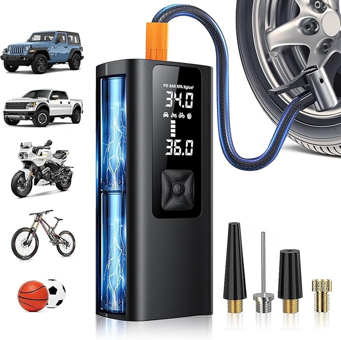 Tire Inflator Portable Air Compressor, 150 PSI & 3X Faster Cordless Air Pump for Car Tires, with Tire Pressure Gauge, LCD Dual Screen, Automatic Stop and LED Light, Bike Pump, for Motorcycle, Ball