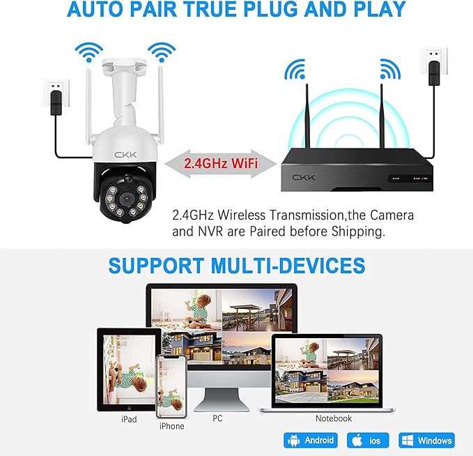 3MP PTZ CKK Cameras, 4pcs Wireless Security Camera System Outdoor with 1TB Hard Drive, 8 Channel 3MP WiFi Surveillance NVR System, 2 Way Audio, Floodlights & Siren Alarm,AI Human Detection