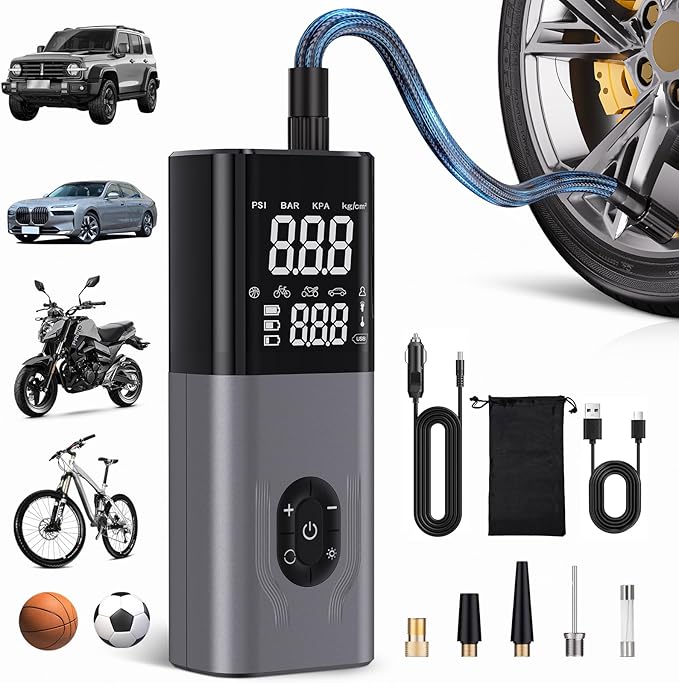 Tire Inflator Portable Air Compressor, CKWUE 180PSI Cordless Air Compressor, 6X Faster Air Pump with Digital Pressure Gauge, Tire Pump with Dual Mode Inflation （Dark Gray）