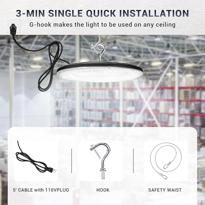 6 Pack 150W UFO Led High Bay Light,120VAC,21050LM 5000K Daylight Area Lighting,IP66 Waterproof 650W MH/HPS with Plug Commercial Bay Lighting for Warehouse/Shop/Workshop/Barn/Gym/Factory