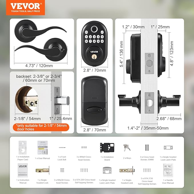 VEVOR Fingerprint Door Lock with Level Handles, Fingerprint/Keypad Code/Key, One-Time and Anti-Peeking Password, Constant Unlock Mode, Aluminum Alloy, Electronic Keypad Deadbolt for Entry Doors