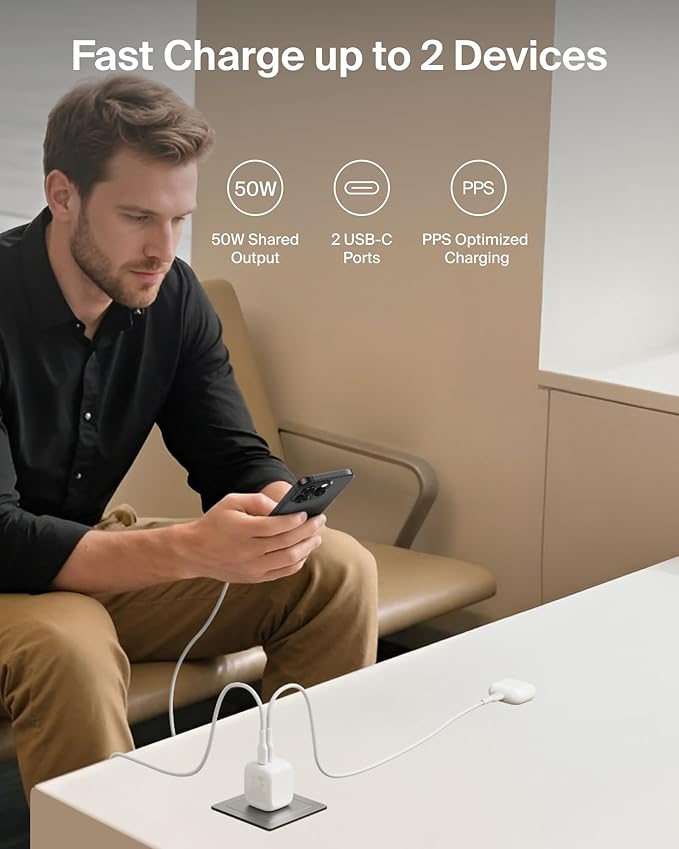 Belkin 2-Port USB C Charger Block 50W, Dual-Port GaN Charger w/ 2x USB C Ports, Fast Charging for MacBook, iPhone 17, iPad Pro, Chromebook, Galaxy S25 Ultra, Pixel 10, etc. - Travel Essentials - White