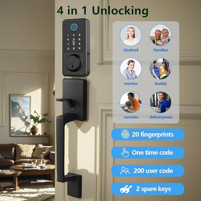 Smart Front Door Lock Handle Set, Keypad Door Lock with Handles, Fingerprint Keyless Entry Smart Locks Handle Kit, Electronic Smart Deadbolt with Auto Lock, Code, APP for Home, Apartment