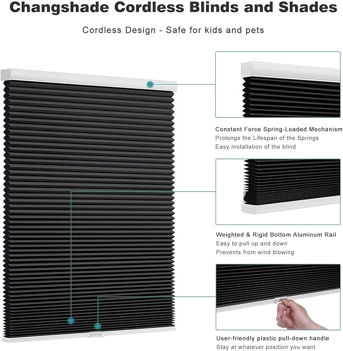Changshade Cordless Cellular Shades, Blackout Honeycomb Shades for Windows, Pull Down Pleated Blinds, Easy to Install for Indoor Windows and French Doors,33.5" W x 72" H, Black