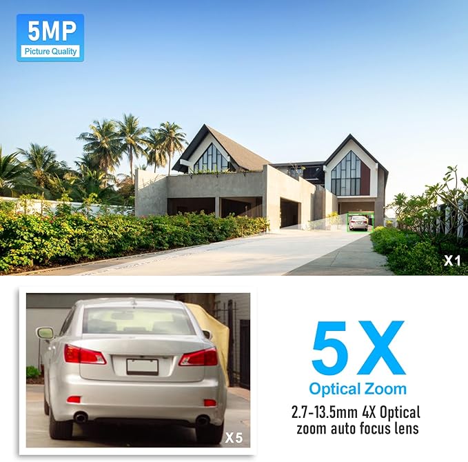 PTZ Camera Outdoor,5MP 5X Optical Zoom WiFi IP Camera with 360° Rotate and 30 Meter View Distance/Human Detection & Auto Tracking/Two Way Audio/IP66 Waterproof/Night Vision