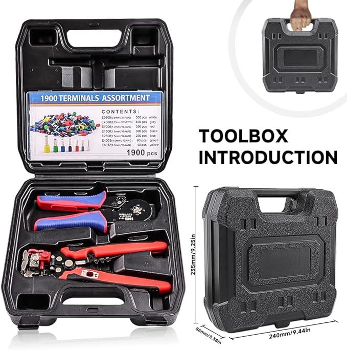 HKS Ferrule Crimping Tool Kit - Square Ferrule Crimper Plier (AWG 23-7) with Muti-use Wire Stripper & 1900pcs Wire End-Sleeves Terminals Kit in Box