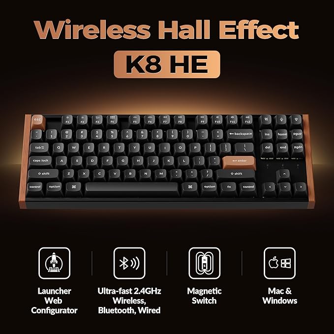 Keychron K8 HE TKL Wireless Bluetooth 2.4G Wired Triple Mode Hot Swappable Hall Effect Keyboard with QMK VIA Aluminum+Wood Frame Rapid Trigger for Mac Windows Linux-Black