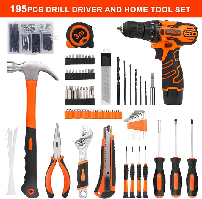 COMOWARE 195PCS Home Tool Kit with 12V Cordless Power Drill, Drill Set for DIY Maintenance & Repair, Tool Set with Storage Case, Orange