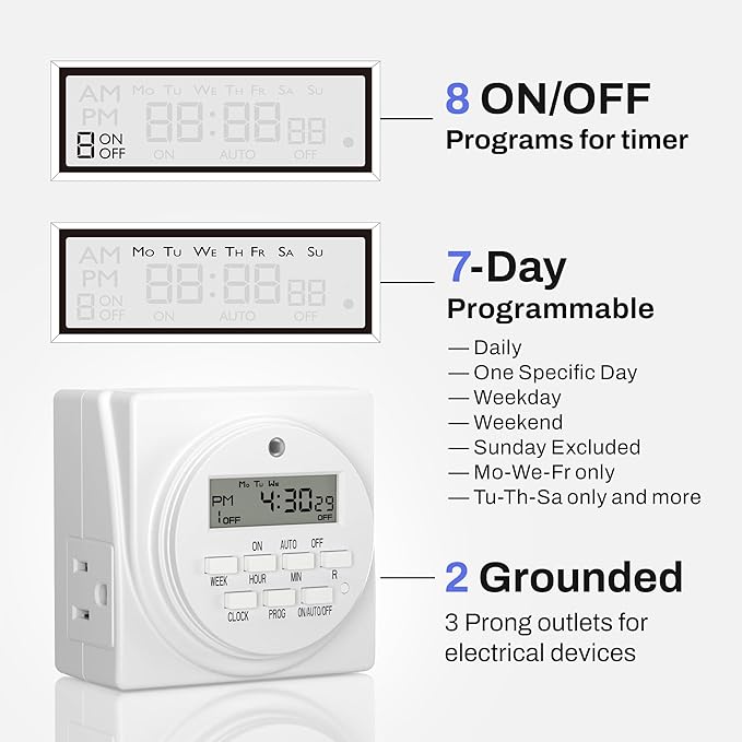 BN-LINK 7-Day Heavy Duty Digital Programmable Timer, 120V, 60Hz, Dual Outlet forLight, ETL Listed (2-Pack)