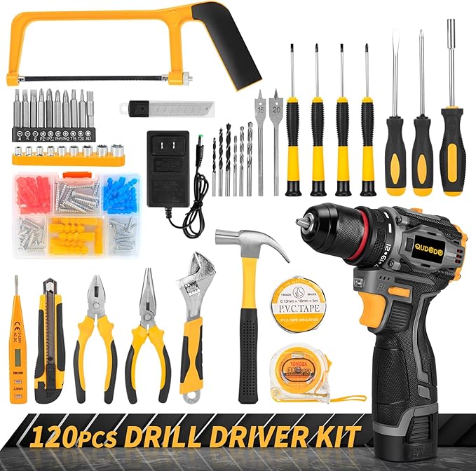 QUDODO Brushless Compact Drill Tool Set, 120PCS 45N. m 18V Cordless Drill Kit with 2 Battery, Woman Household Tool Kit with Electric Driver, Taladro Set with Inalámbrico for Daily Home Basic Repair