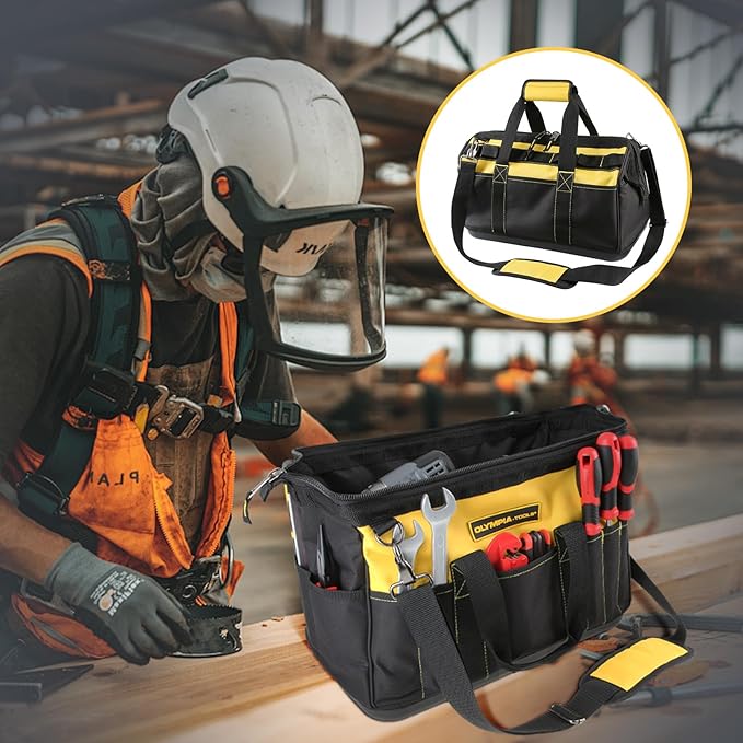 Olympia Tools 16 Inch Wide Mouth Tool Bag, Tool Tote with Water Proof Molded Base, Tool Bags for men with 21 Pockets and 7 Belt Loops, Padded Handle, Adjustable Shoulder Strap