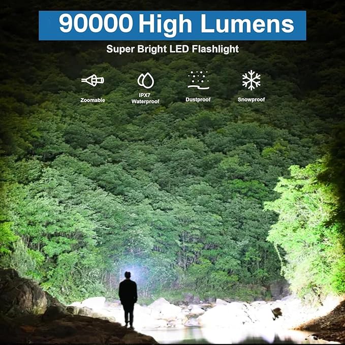 Rechargeable Flashlights 90000 High Lumens - 2 Pack, Super Bright LED Flash Light with 5 Modes, 12 Hour Brightest Waterproof Handheld Flashlight for Home, Camping