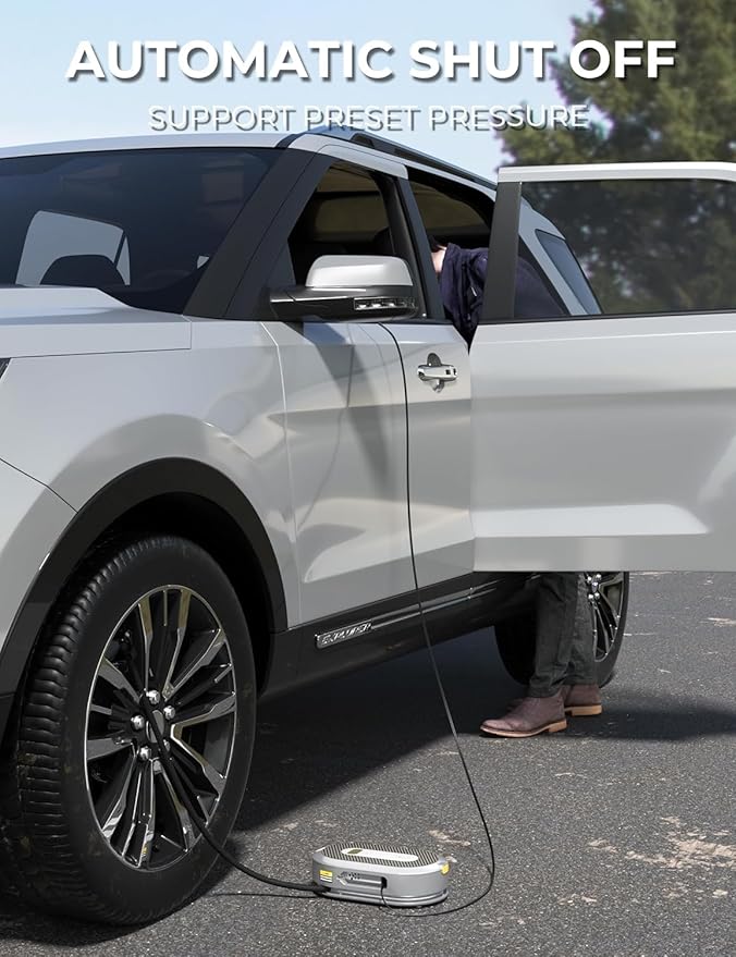 Giraffe Tools Tire Inflator Portable Air Compressor, 150 PSI 12V Car Air Pump with Digital Pressure Gauge, 13ft Cord Retraction Auto Tire Pump with Emergency LED Light for Bicycle, Motorcycle, Ball