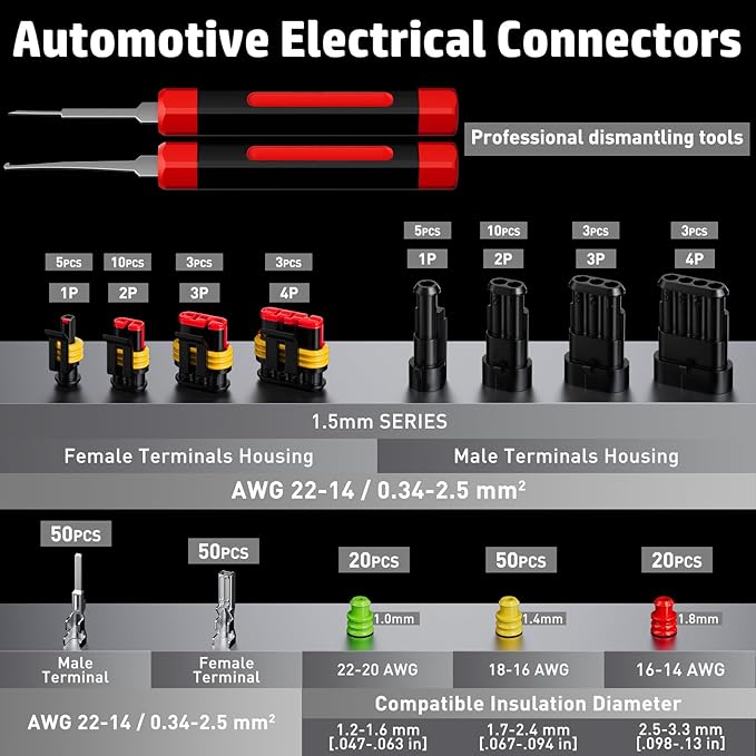 PEBA Crimping Tool Kit, Automotive Electrical Wire Connector Plug Kit 1/2/3/4 Pin Connectors, with Ratchet Crimping Tool 22-14 AWG, 2 Removal Tool | Waterproof Car Electrical Connector Terminals Kit